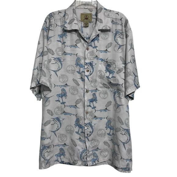 Joe Marlin Shirt Mens XL Gray Blue Marlin Mermaid Print Short Sleeve Button Down - Picture 8 of 14